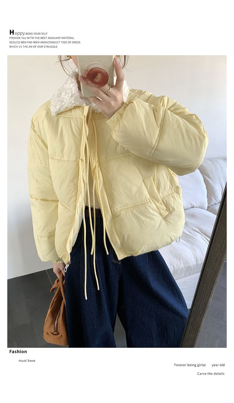 Cropped Sherpa-Lined Puffer Jacket – Korean Streetwear Belted Coat (4 Soft-Toned Colors, Lightweight Quilted Polyester)_voghion.com