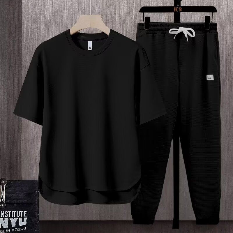 Loose-Fit Men's T-Shirt And Shorts 2-Piece Set Solid Color Summer Japanese Trendy Style Ins Short Sleeve Casual Wear_voghion.com