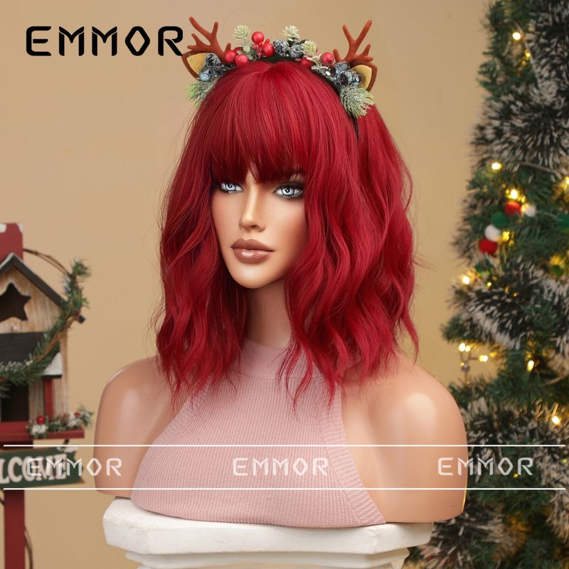 Parrucca colorata per cosplay di Halloween di Natale Qi Bangs parrucca corta riccia bobo acconciatura completa_voghion.com