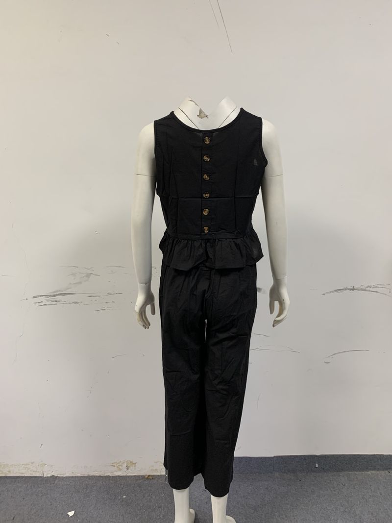 Ärmelloses Rüschenoberteil und weit geschnittene Hose aus Leinen-Baumwolle für Damen – Bohemian-Sommeroutfit_voghion.com