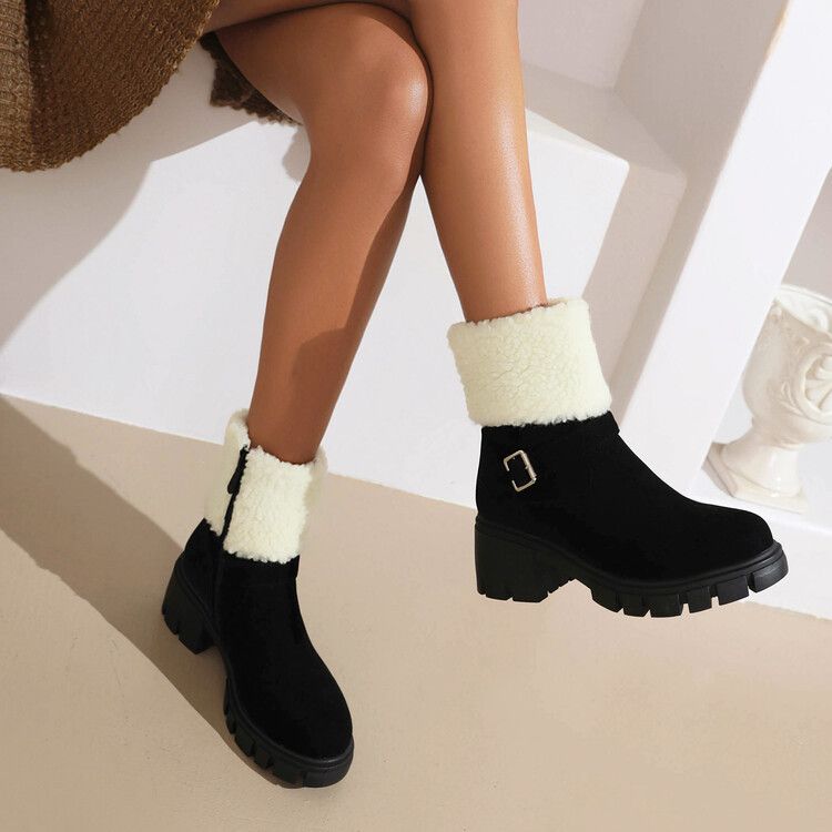Women's winter round toe high heel boots with belt buckle large size short boots_voghion.com