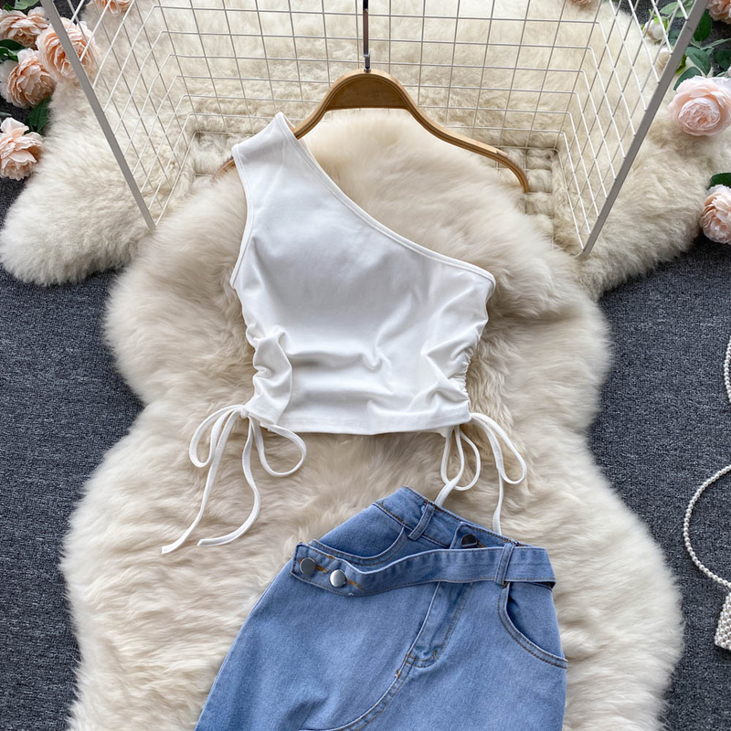 Women's Drawstring Lace-up Slouchy Vest Irregular Raw Edge Split Denim Half-body Skirt Two Piece Set_voghion.com