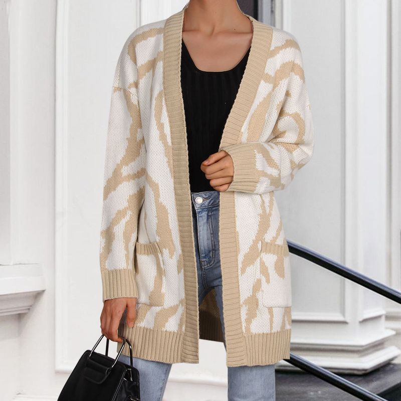 Abbigliamento donna maglione da donna cardigan lavorato a maglia sciolto di media lunghezza con motivo geometrico irregolare_voghion.com