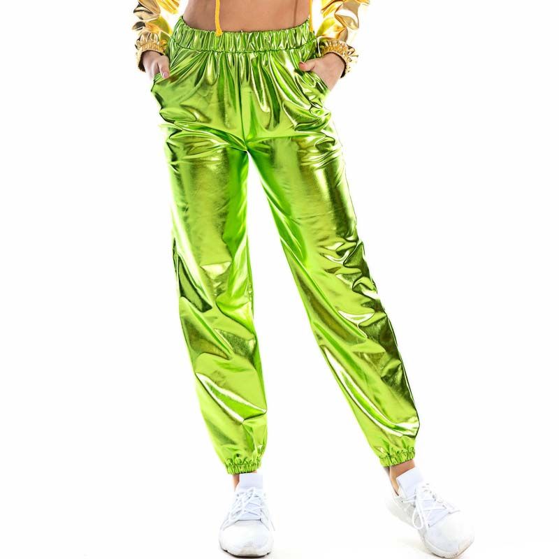Heißer verkauf Glänzend Holographische Frauen Lose Hohe Taille Metallic Hosen Dance Performance Hip Hop Hosen Streetwear Jogger_voghion.com