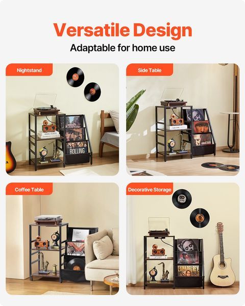 Platine vinyle à 3 niveaux avec éclairage LED et ports USB Étagère en métal noir_voghion.com