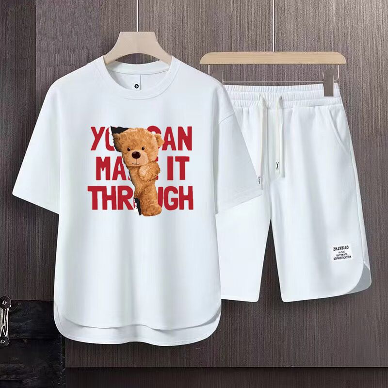 Vêtements pour hommes 2024 gaufré décontracté costume d'été hommes ample adolescent à manches courtes t-shirt Shorts beau deux pièces costume_voghion.com