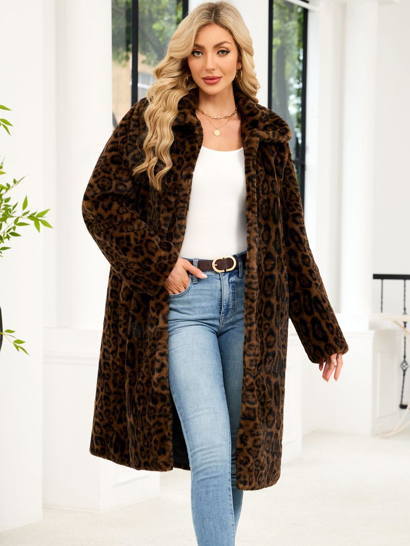 Women's Long Faux Fur Coat Leopard Print Winter Warm Thick Trench Style Outerwear Elegant Square Neckline With Pockets_voghion.com