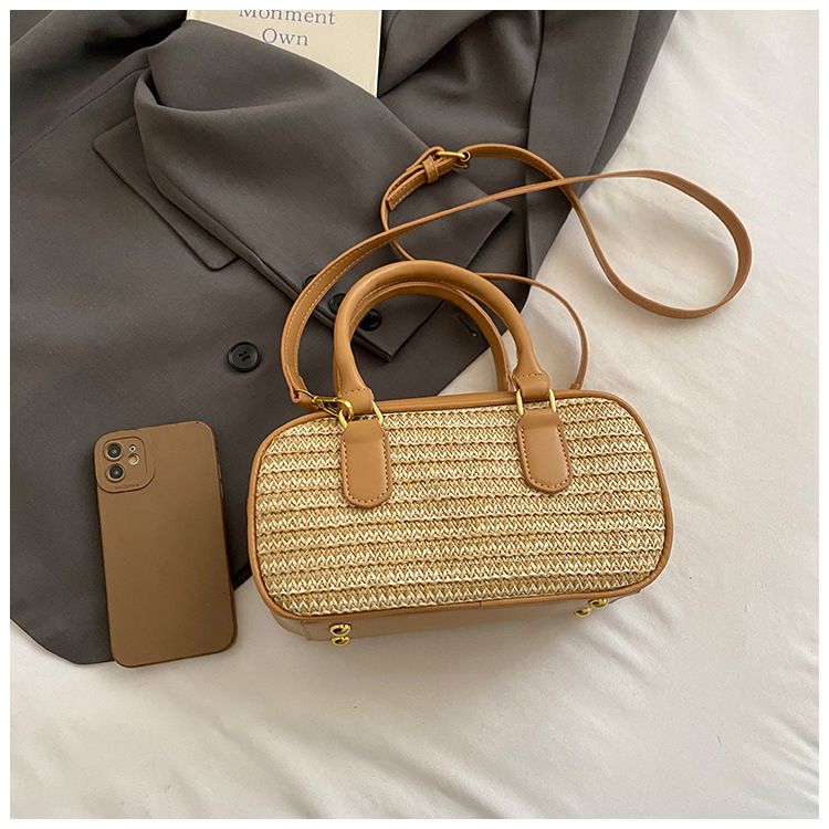 Borsa da donna in paglia intrecciata, piccola, quadrata, borsa a cuscino Boston, borsa a mano con colori a contrasto, borsa a tracolla_voghion.com