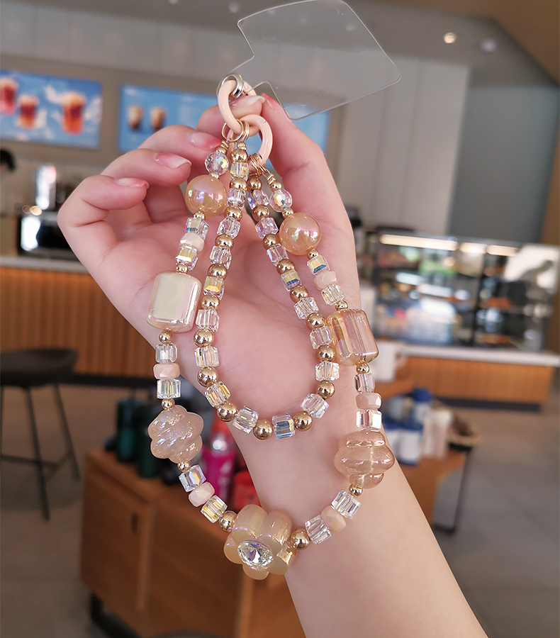 Mobile Phone Lanyard Short Handmad Wrist Bracelet Women's Clip Style Double Chain Crystal Beads Phone Case with Anti_voghion.com