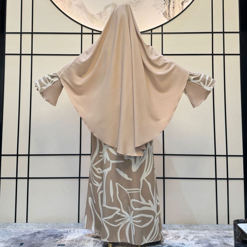 Women's Clothing Ladies Long Sleeved Robe Abaya Non Positioning Color Dress Print With Headscarf Two Piece Set_voghion.com