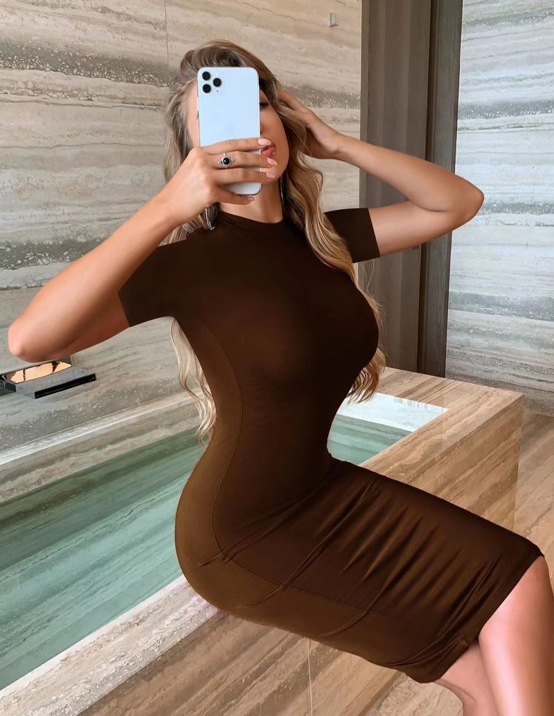 Summer Solid Color Standing Hanging Neck Long Knitted Mid Waist Air Bag Hip Dress For Women_voghion.com