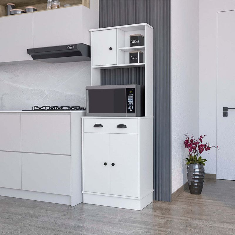 Microwave Storage Stand with 3-Doors and Drawer Arlington, White Finish_voghion.com