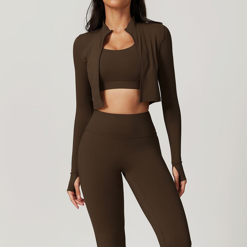 LazyZoom Cloud Ensemble de sport de plein air moulant et nu, tenue de fitness, antichoc, taille haute, yoga, trois pièces, 8047_voghion.com