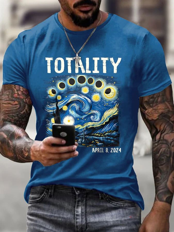 Ropa para hombre Camiseta de cuello redondo con estampado de arte nocturno, estilo jersey para hombre, manga corta, estampado moderno, camiseta cómoda e informal_voghion.com