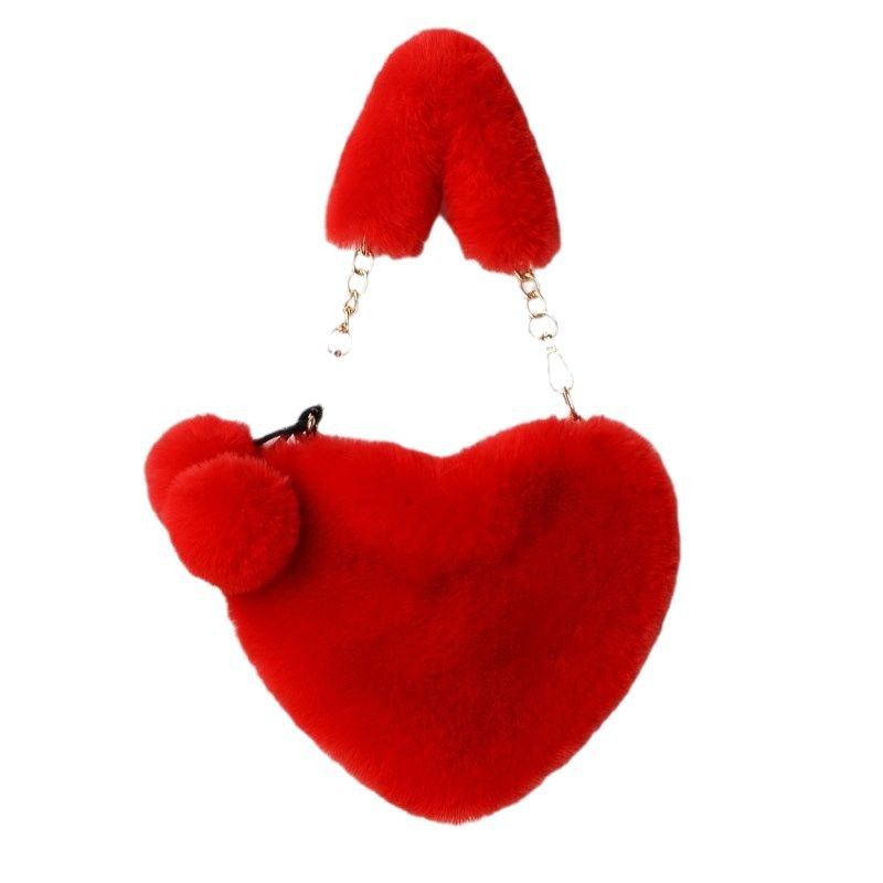 Süße Herzform für Damen, Pelzkettenhandtasche, Pfirsich-Herz-Umhängetasche für Kinder, Plüschtasche_voghion.com