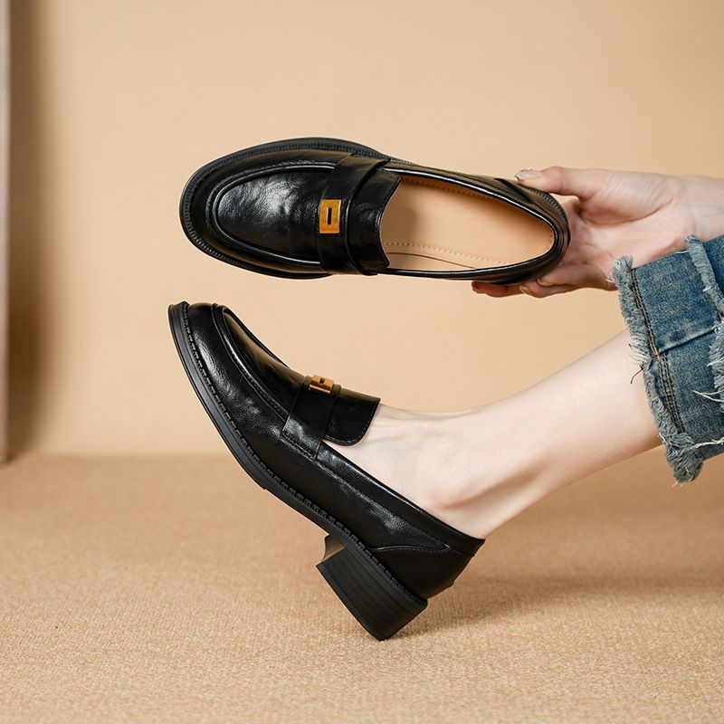 New Round Toe Chunky Heel Slip-On Leather British Style Metal Buckle Soft Sole Loafers Black Women's Shoes_voghion.com