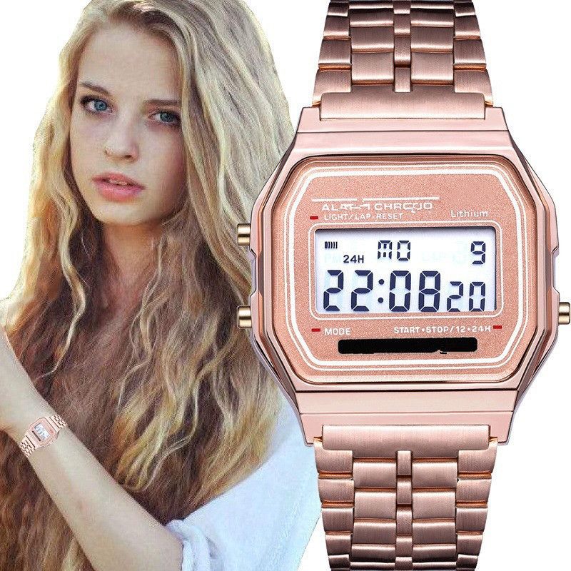 Orologio LED con cinturino in acciaio F91W - Orologio digitale multifunzione alla moda Harajuku, ultrasottile, luce fredda, oro/argento_voghion.com