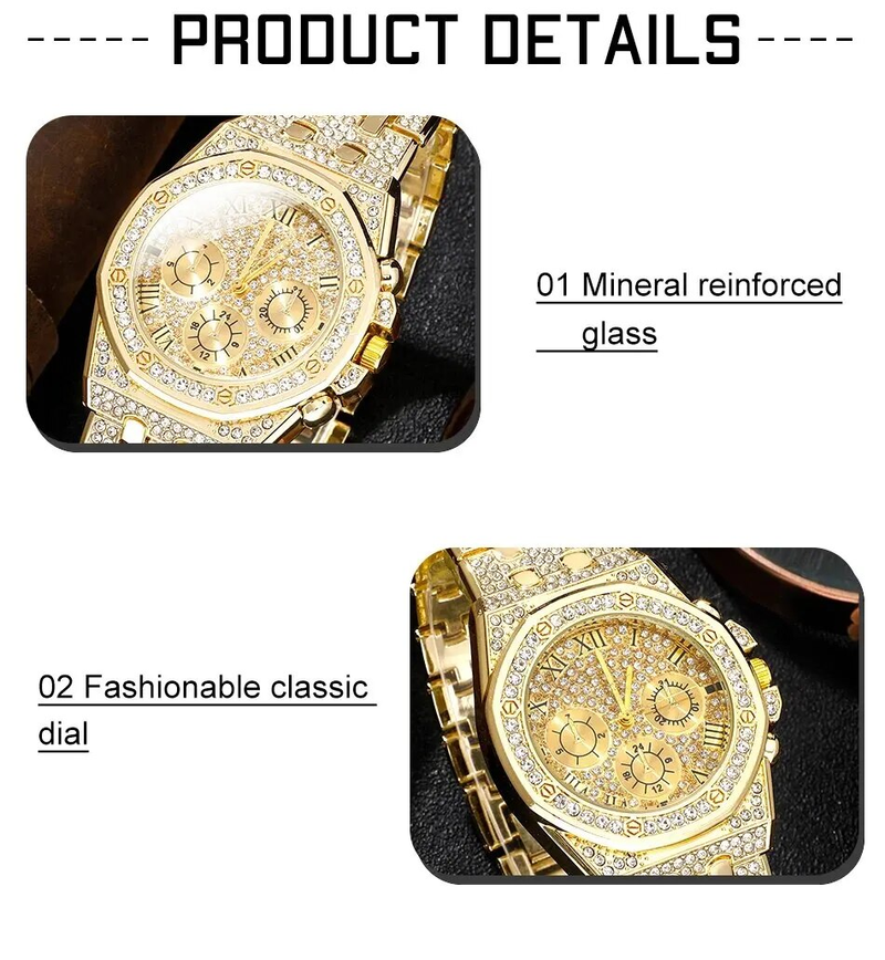Men's luxury stainless steel gold bracelet, hip-hop diamond, large dial, business, quartz watch, fashionable_voghion.com