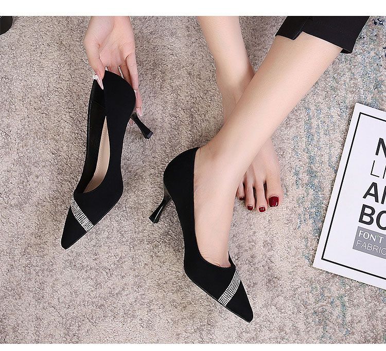 Women's High heels women's new spring and autumn rhinestone French shallow mouth suede pointed toe stiletto single shoes black with dress_voghion.com