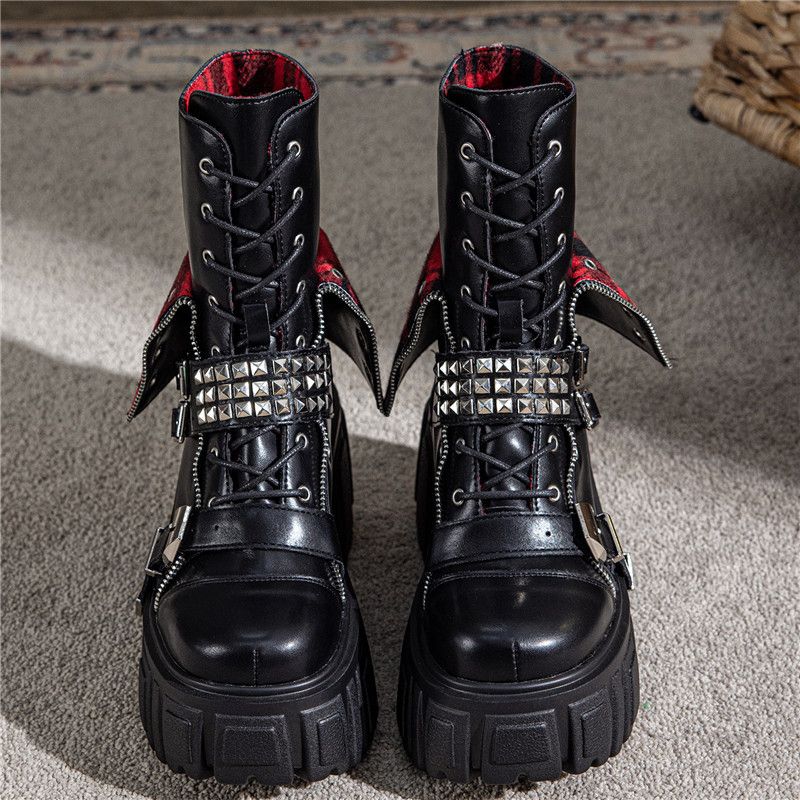 Neue europäische und amerikanische Stiefeletten mit klobigem Absatz, Martin-Karomuster, Metallnieten und Gürtelschnalle für Damen._voghion.com