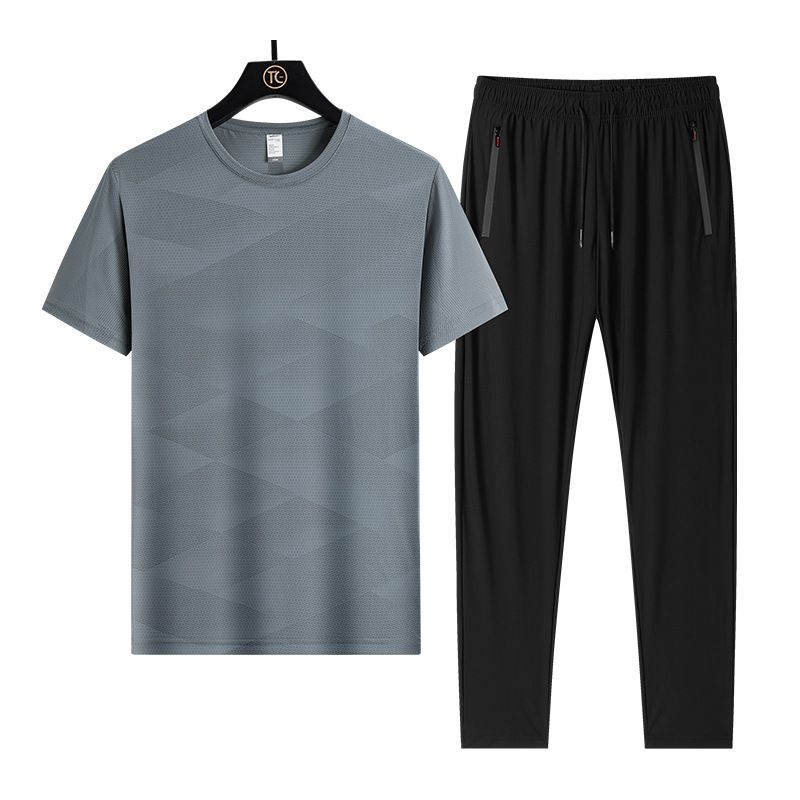 Conjunto de nailon y seda de hielo para hombre, combinado con pantalones cortos Five Cent de manga corta para negocios, absorbe el sudor y es transpirable._voghion.com