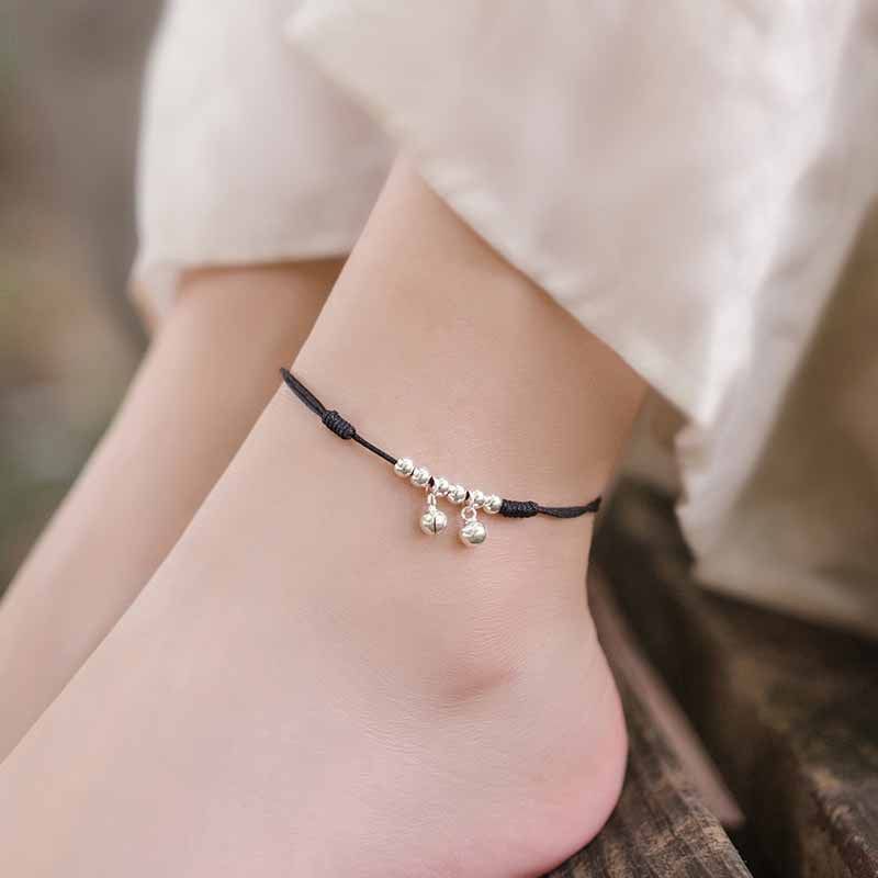 Cavigliera per donna in corda rossa con campanella e suono dell'acqua, sexy, semplice, antica, stile Mori, intrecciata a mano_voghion.com