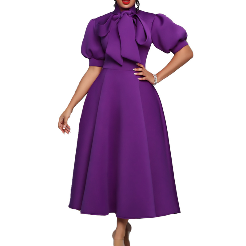 Rochie de banchet pentru femei de marime mare de vara nou bowknot doamnelor de culoare solida fusta cu maneca scurta _voghion.com