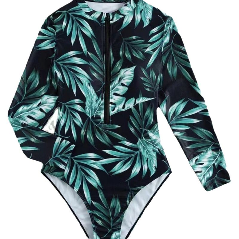 Langärmliger Einteiler-Badeanzug für Damen mit Reißverschluss vorne, Blumendruck, Sonnenschutzfaktor 50+, Bademode mit hoher Taille für Strand, Pool und Wassersport_voghion.com