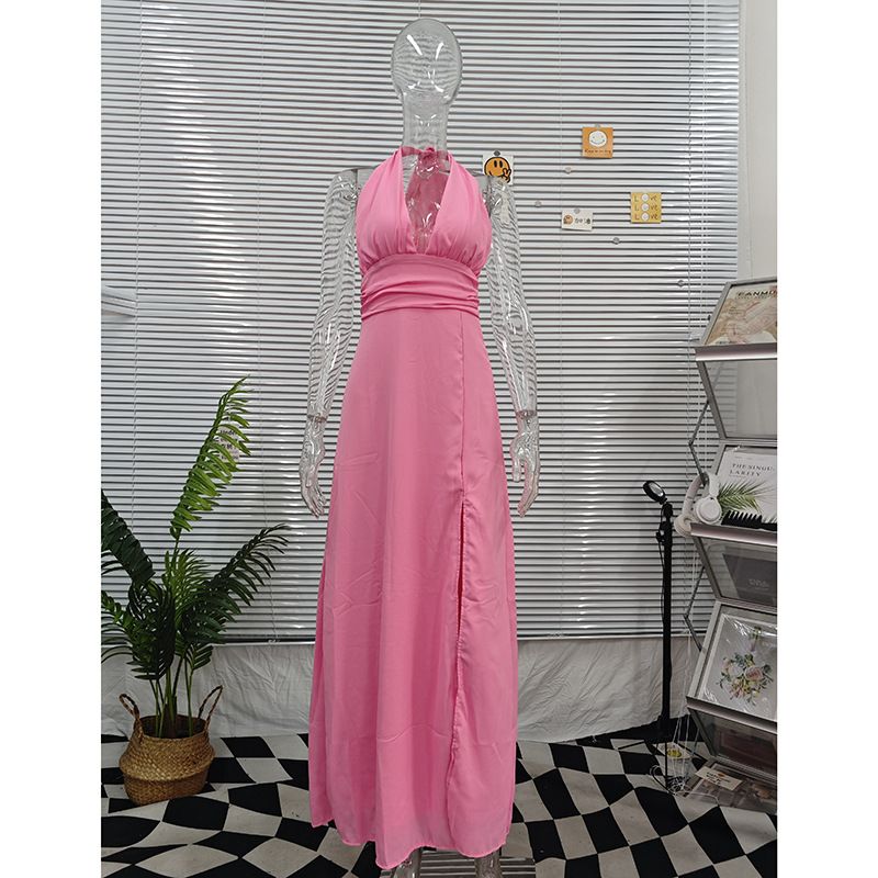 Abito da donna sexy in pizzo con spacchi laterali, tinta unita, con scollo a V e schiena nuda, primavera ed estate 2025_voghion.com