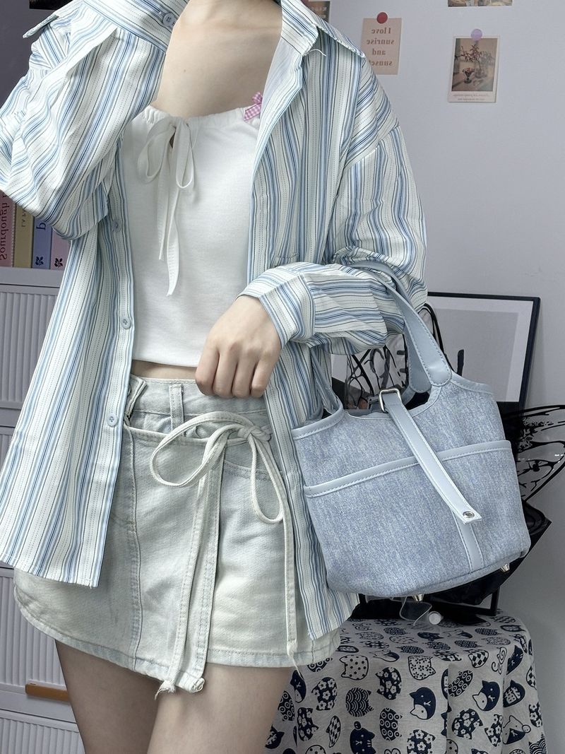 2025 Summer New Canvas Splicing Shoulder Handheld Vegetable Basket Lock Head Bag, Fashion, Versatile, Trial, Small, High_voghion.com