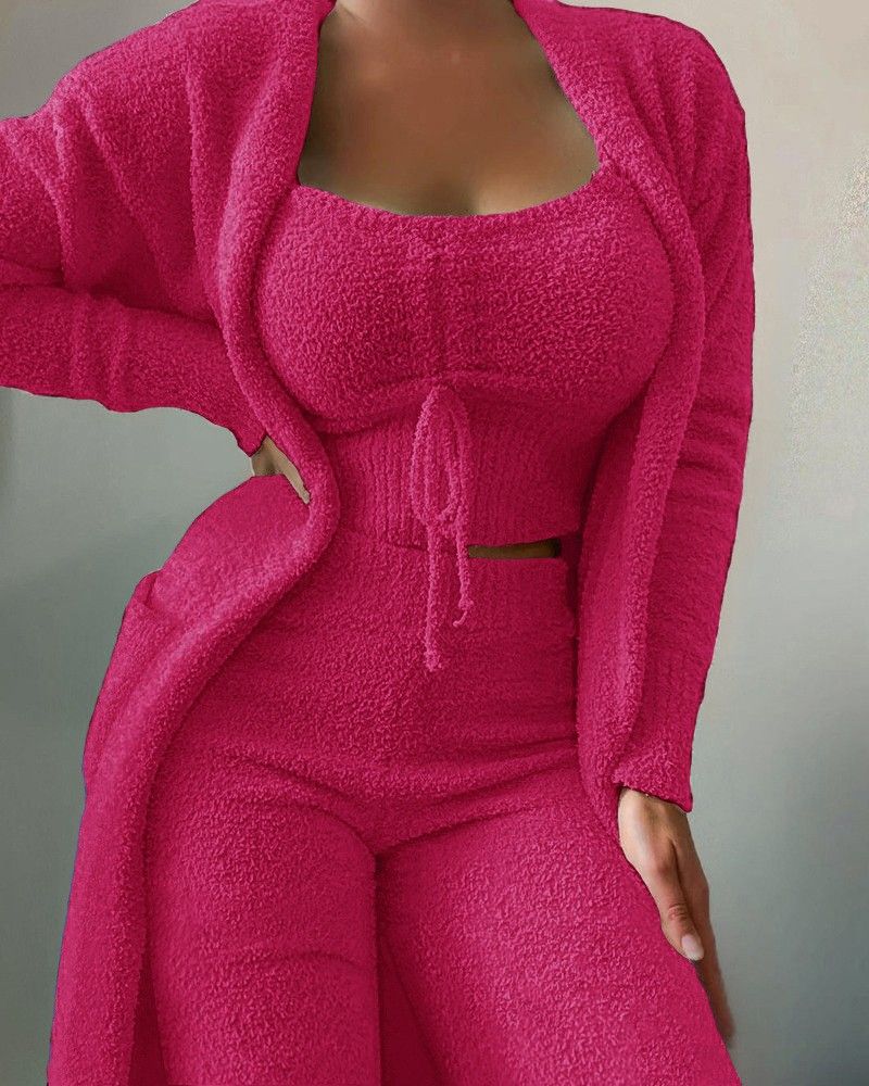 Women's 3-Piece Lace-Up Pajama Set – Soft Plush Lounge Wear (Short/Trousers, 9 Colors) | Home & Sleepwear_voghion.com