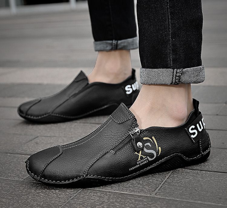New Bean Heren Koreaanse Editie Handgemaakte Casual Rits Dagelijks Sport Rijden Leren Grote Maat Trendy Enkel Schoenen_voghion.com