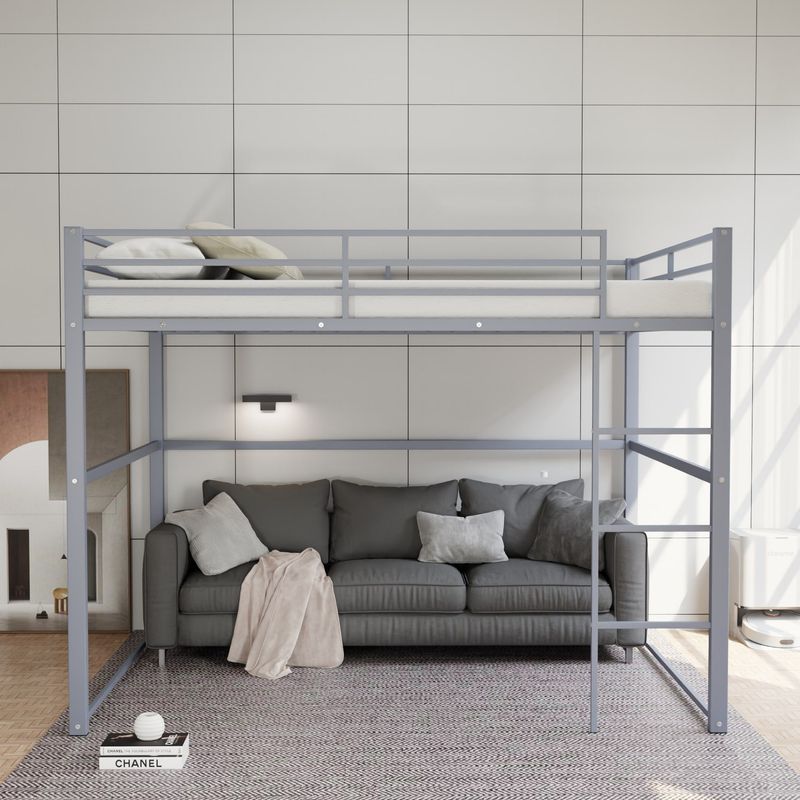 Metal Loft Bed Full Size, Loft Bed Frame With Safety Guard Rails & Flat Ladder, Twin Loft Bed For Kids Teens Adults, Gray_voghion.com