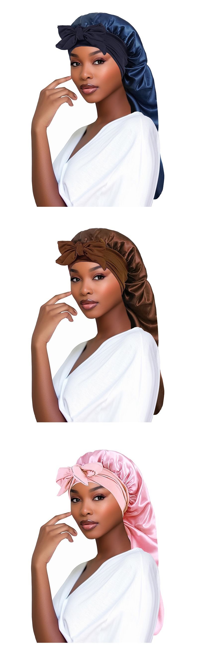 Lange Satin-Schlafkappe mit Fliege, Haarschutzhaube für Frauen, verstellbare Nachtduschkappe_voghion.com