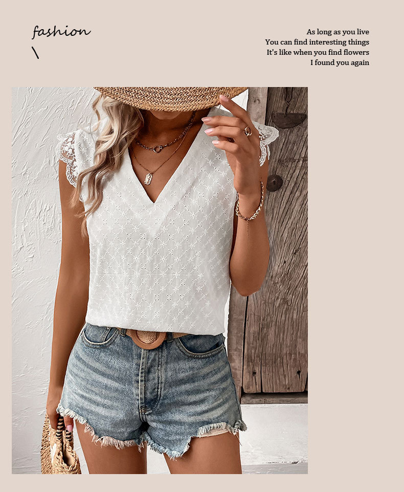 Camicia bianca senza maniche con scollo a V e volant_voghion.com