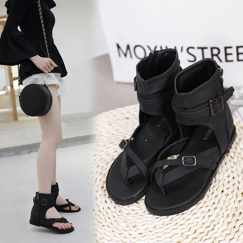 2025 New Rise Women's Pinched Toe, High Top, Slope Heel, Roman Shoes With Toe Covering, Summer Flat Sandals_voghion.com