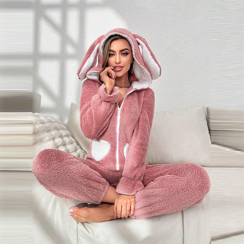 Bonnet à oreilles de lapin de couleur contrastée, fermeture éclair sur le dessus, idéal pour l'automne et l'hiver, pyjama chaud et confortable_voghion.com