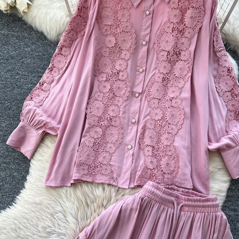 Damenbekleidung Frühling Zweiteiliger Anzug für Frauen im Palaststil Retro Hohle Spitzennähte Langarmhemd Hoch taillierter Rock_voghion.com