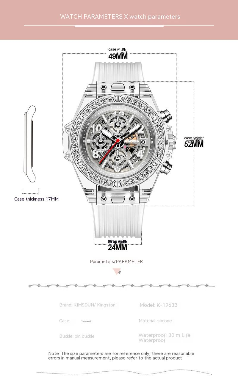 Reloj de cuarzo transparente con incrustaciones de diamantes de la marca Kingston, reloj de red rojo resistente al agua para hombres y mujeres, reloj para amantes de las mareas_voghion.com