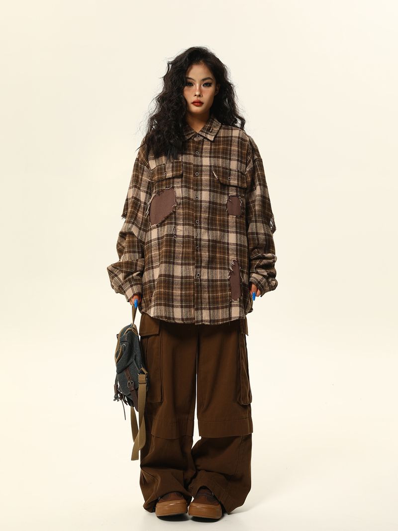 Camicia a quadri a maniche lunghe alla moda in stile americano Wild Azi per donna con design di patch rovinate_voghion.com