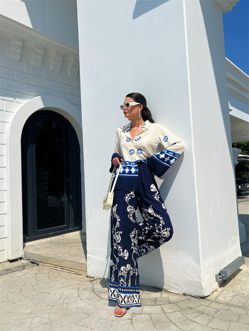 Ensemble deux pièces imprimé pour femmes, haut ample à manches longues, pantalon à jambes larges, nouvelle mode de positionnement_voghion.com