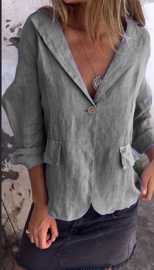 Blazer piccolo in cotone e lino, versatile, taglie forti, tinta unita, con bottoni, a maniche lunghe, primavera e autunno 2025_voghion.com