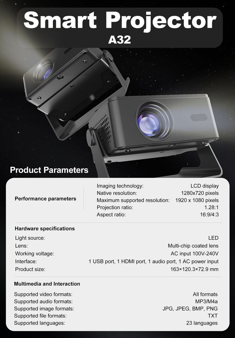 A32 MINI Projector Home Cinema 1280*720P Videoprojector Portable Theater WIFI Mirror Android IOS SmartPhone 1080P 4K_voghion.com