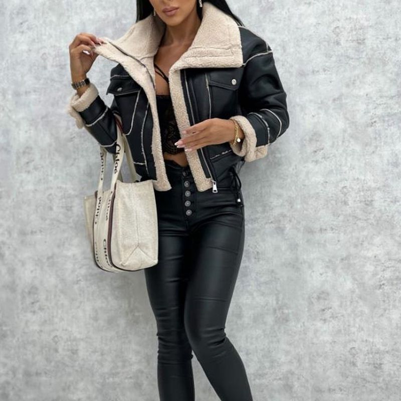 Veste bomber en cuir synthétique pour femme avec col en fausse peau de mouton, manteau zippé style motard, veste courte et courte pour vêtements d'extérieur streetwear automne/hiver_voghion.com