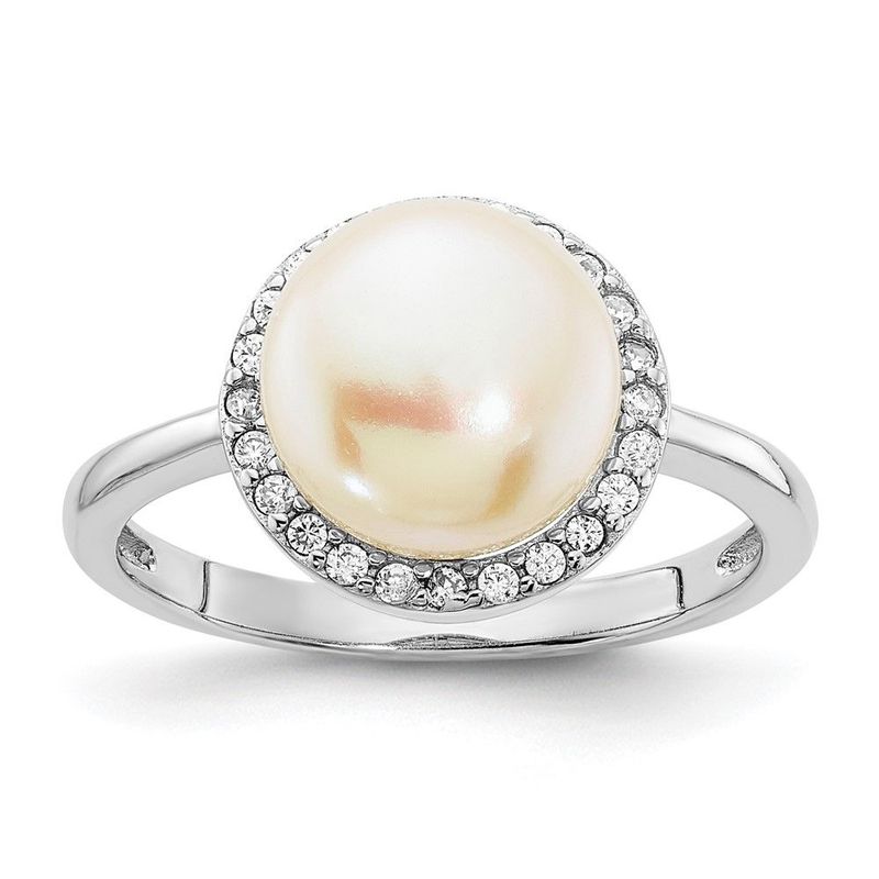 Sterling Silver Rhodium-plated 9-10mm Button White Freshwater Cultured Pearl And CZ Ring_voghion.com