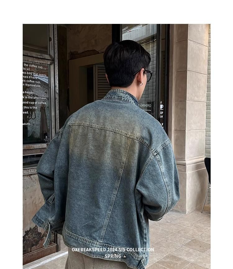 Men's Clothing Retro Deconstructed Raw Edge Washed Denim Jacket Street Zipper Stand Collar Motorcycle Jacket Short Tassel_voghion.com