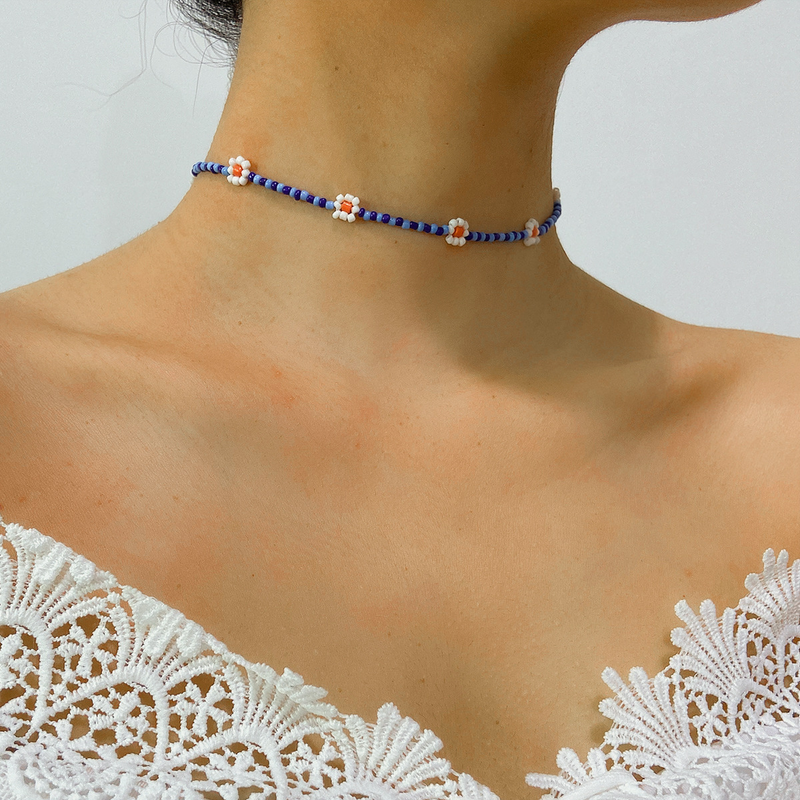 Collana da donna in stile bohémien con fiori a margherita colorata, semplice collana con clavicola con perline retrò femminile_voghion.com