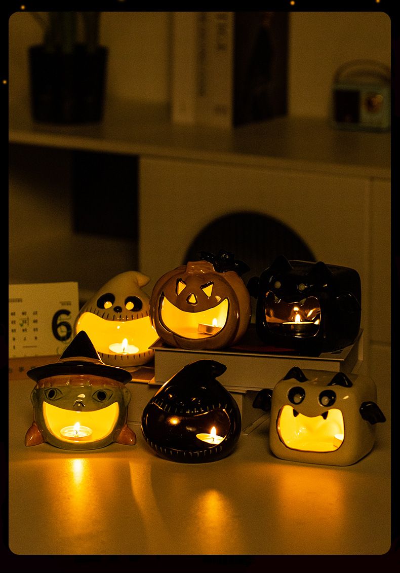 Ceramic Ghost Candle Holder - Halloween Desktop Decoration With Candy Bowl, Party Centerpiece_voghion.com