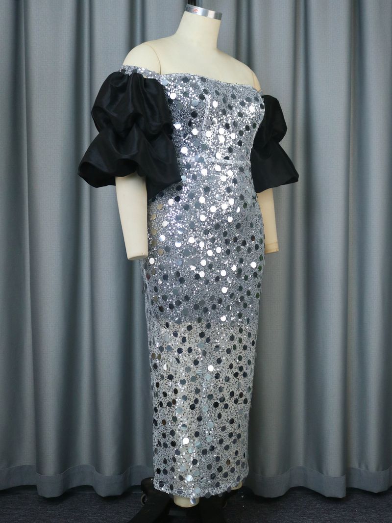 Women's Clothing sequin dress large size sexy one shoulder one step skirt Party dress_voghion.com