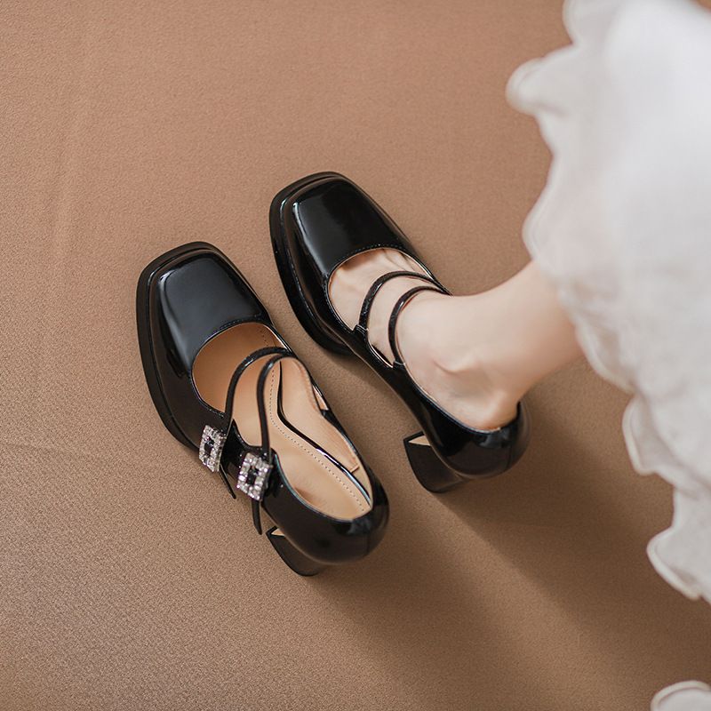 JK Academy, scarpe con tacco alto nere impermeabili con gonna e cinturino, comode Mary Jane con strass, stile francese_voghion.com